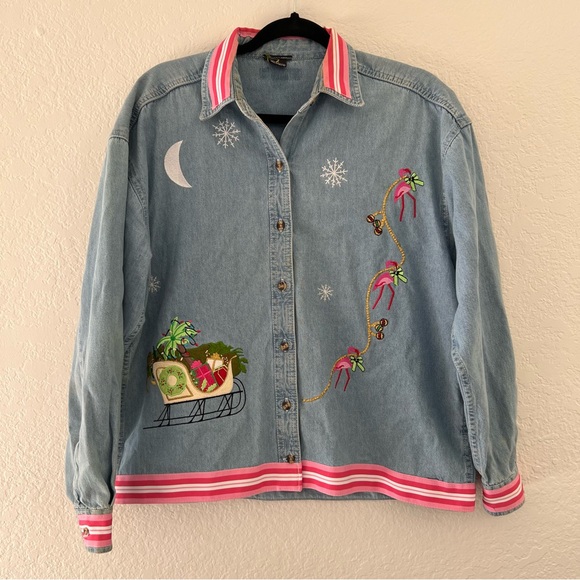 Lighthouse Apparel Christmas Tropical Embroidered Flamingo Denim Button Down Med - Picture 1 of 13